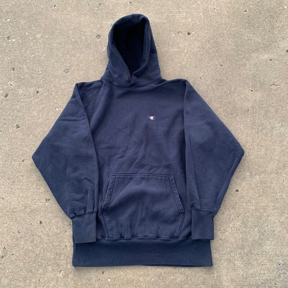 VTG Champion Reverse Weave Hoodie Navy Blue Embroidered Logo Sweatshirt XX-Large